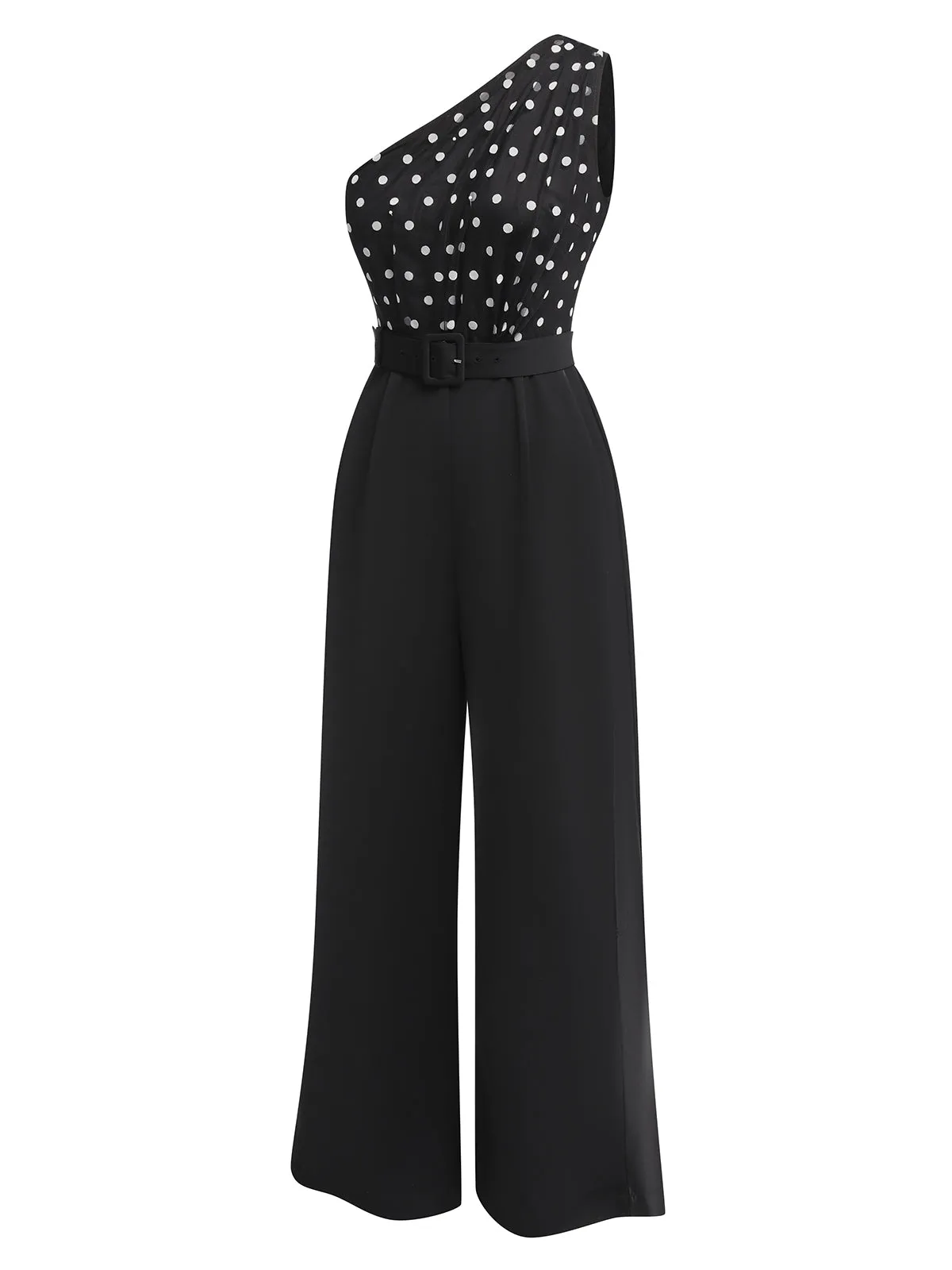 Black 1930s Polka Dots Patchwork Jumpsuit sold by Retro Stage product image thumbnail 4