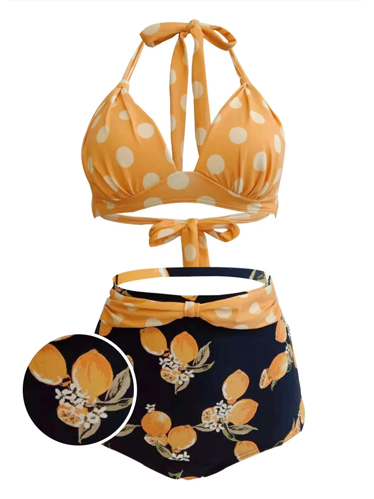 Lemon Polka Dot Halter Bikini sold by Retro Stage product image thumbnail 4