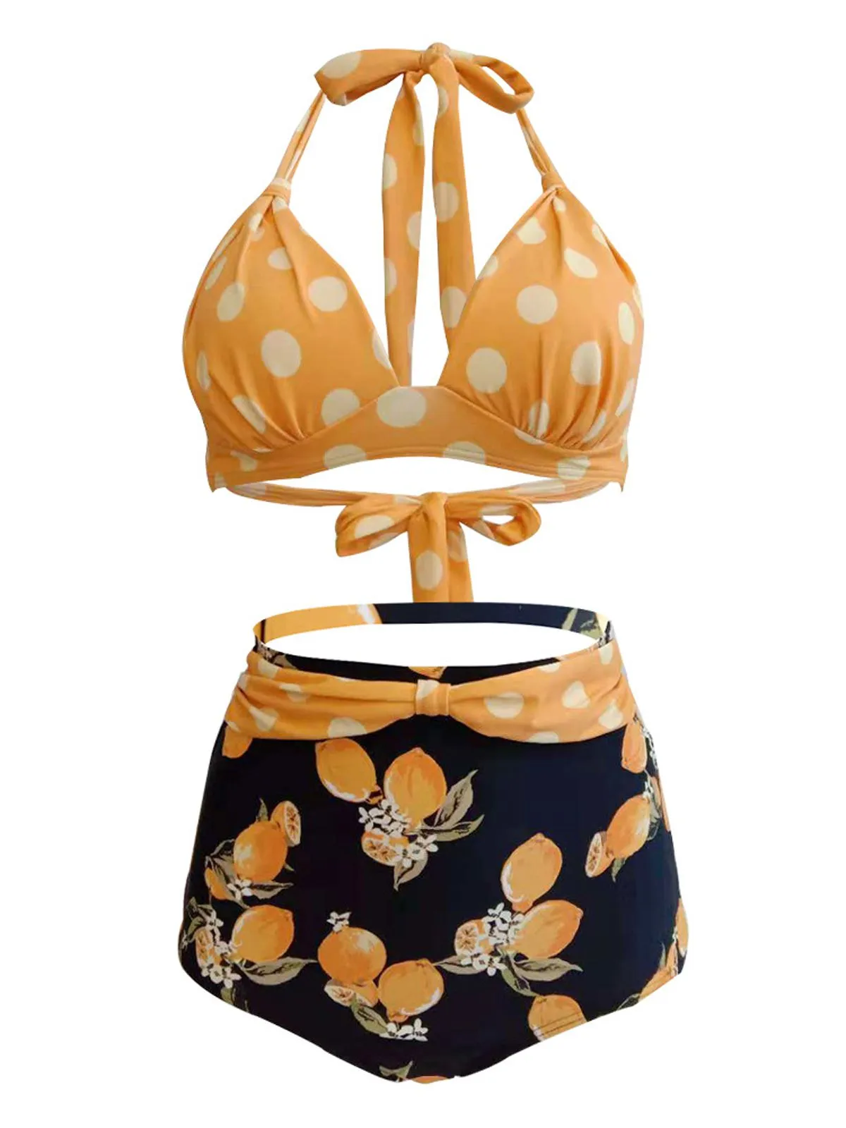 Lemon Polka Dot Halter Bikini sold by Retro Stage product image thumbnail 5