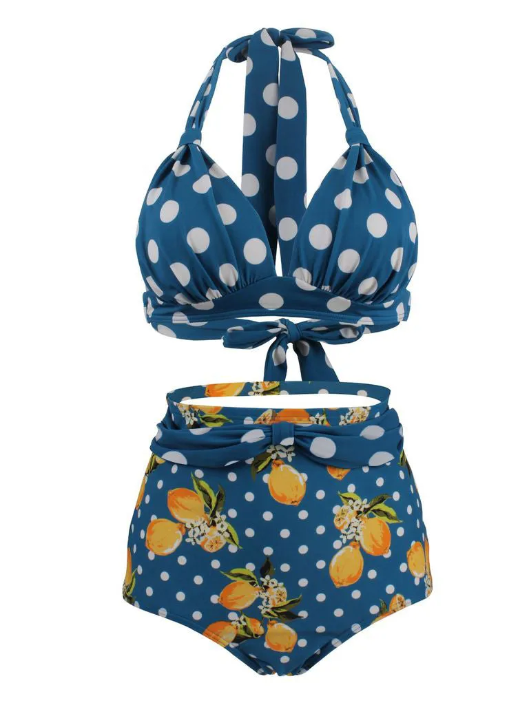 Lemon Polka Dot Halter Bikini sold by Retro Stage product image thumbnail 3