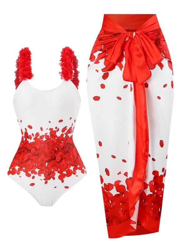 Red 1960s Floral Suspender Swimsuit Set sold by Retro Stage