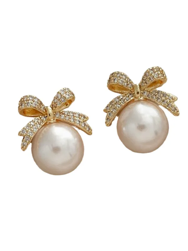 Retro Bow Rhinestone Pearl Earrings sold by Retro Stage