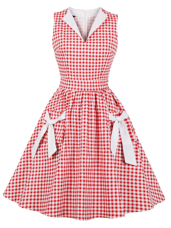 1950s Plaid Bow Pockets Lapel Dress sold by Retro Stage