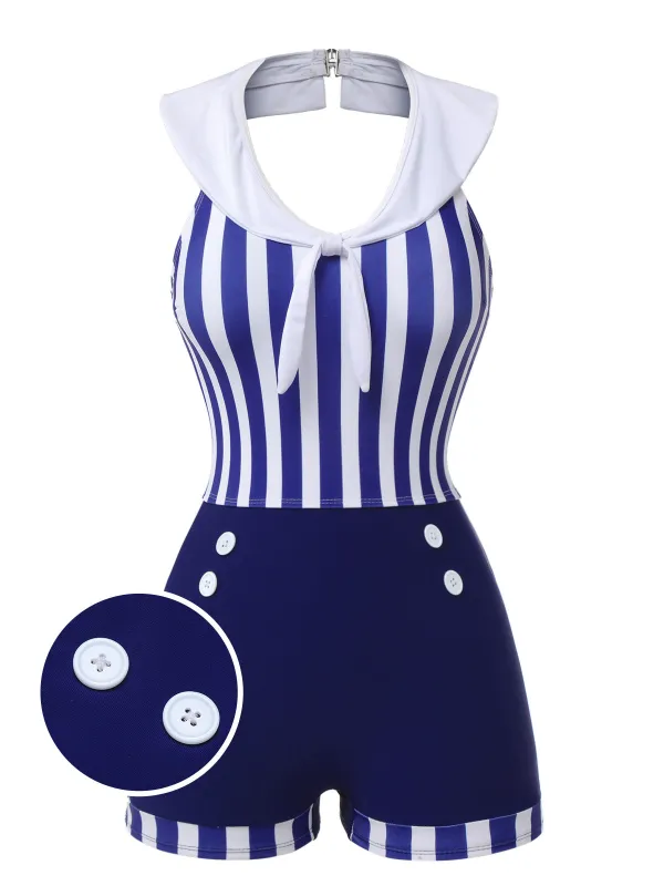 Navy Blue 1950s Striped Navy Collar Swimsuit sold by Retro Stage