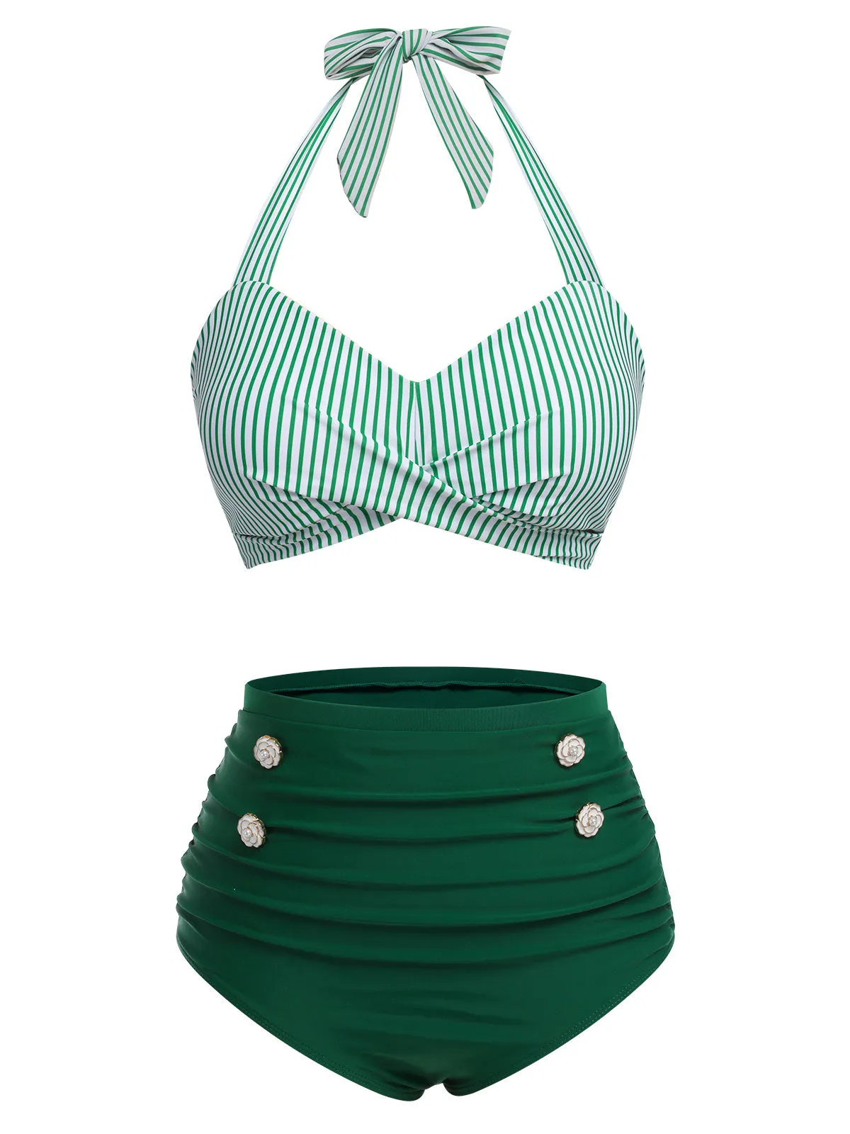 Green 1940s Striped Halter Swimsuit Set sold by Retro Stage product image thumbnail 2