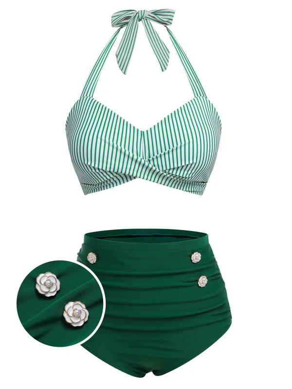 Green 1940s Striped Halter Swimsuit Set sold by Retro Stage