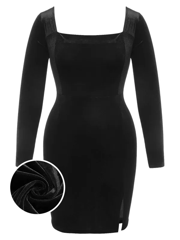 [Plus Size] Black 1940s Solid Square Neck Velvet Dress sold by Retro Stage