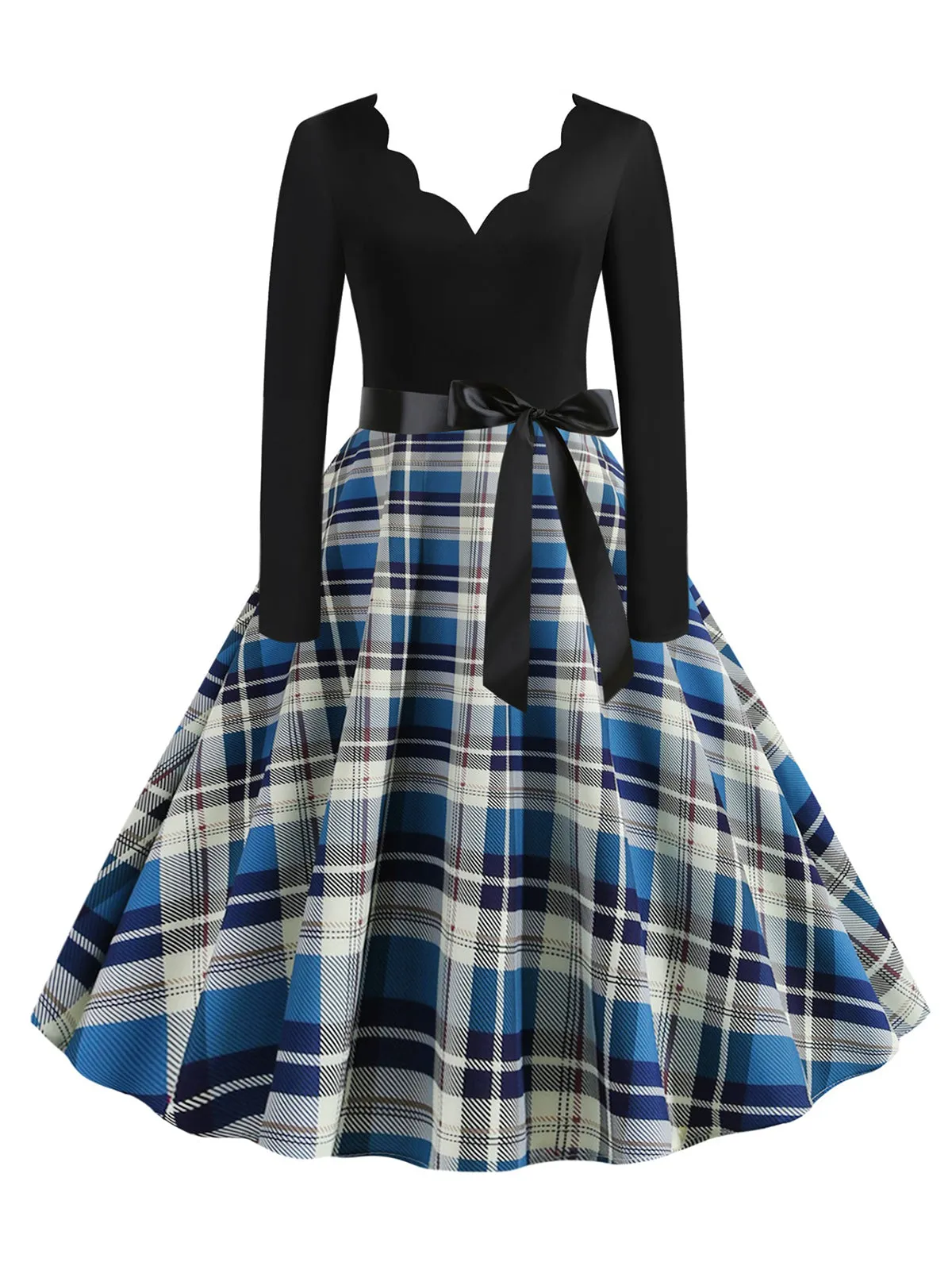 1950s V-Neck Long Sleeves Plaid Swing Dress sold by Retro Stage product image thumbnail 4