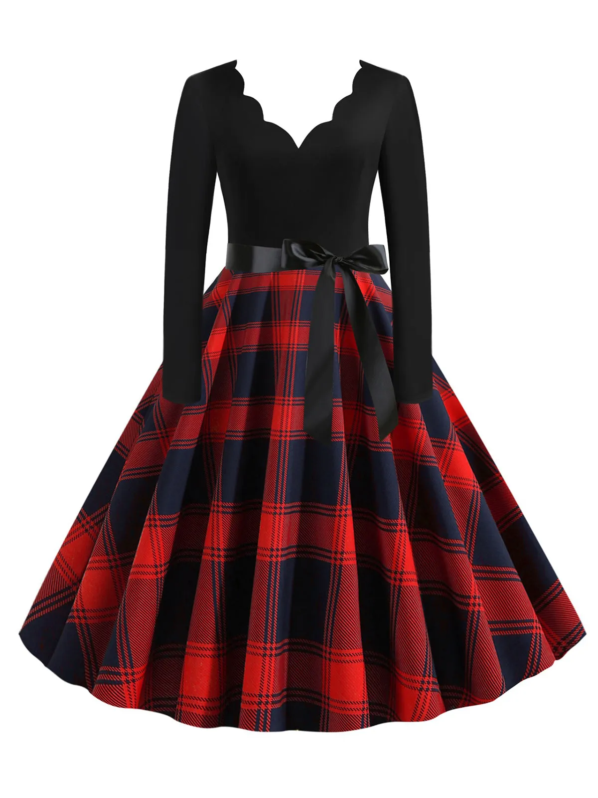 1950s V-Neck Long Sleeves Plaid Swing Dress sold by Retro Stage