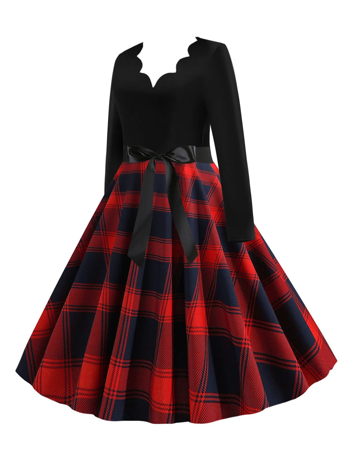 1950s V-Neck Long Sleeves Plaid Swing Dress sold by Retro Stage product image thumbnail 2