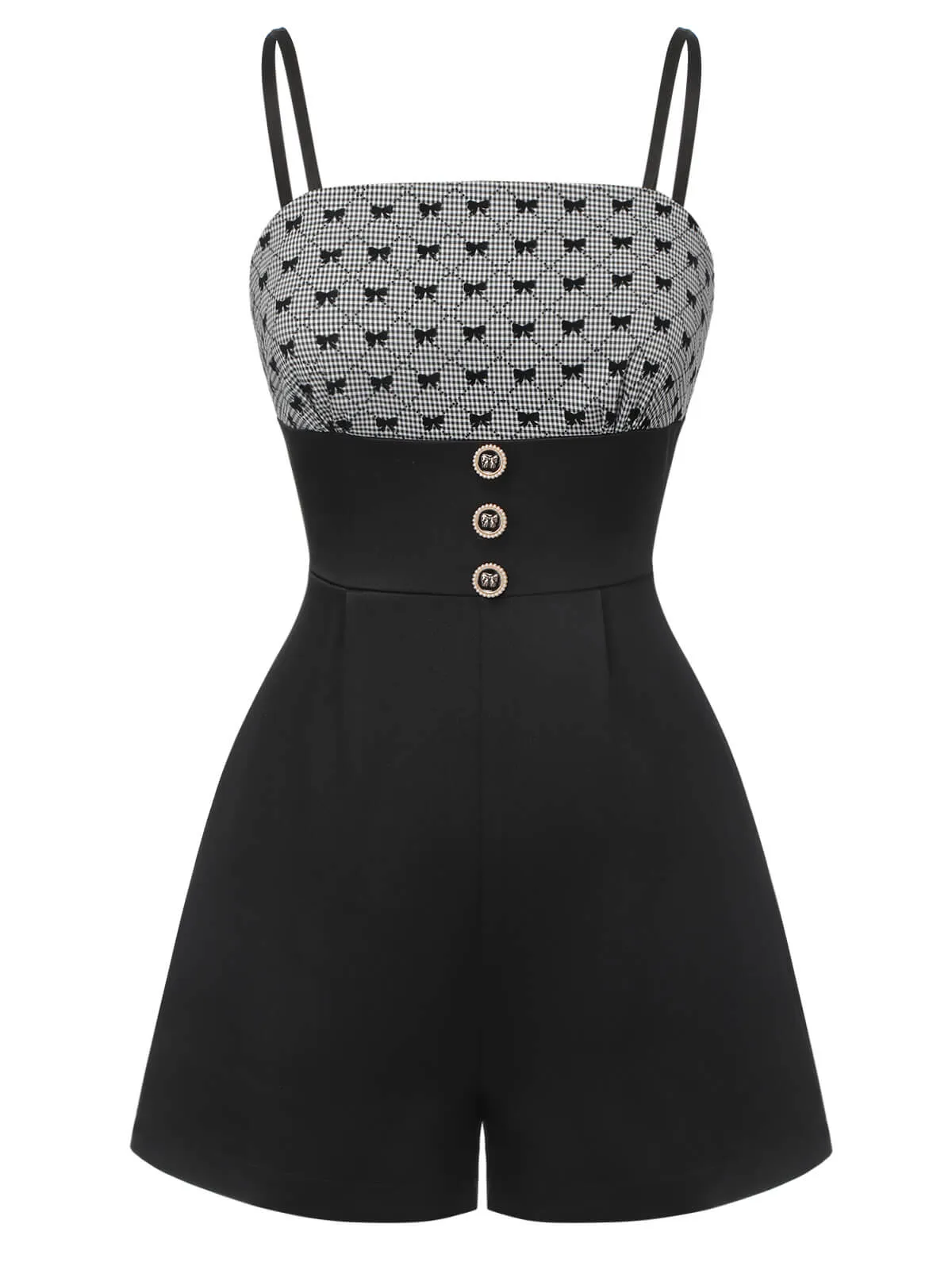 Black 1950s Bow Button Patchwork Strap Romper sold by Retro Stage product image thumbnail 2