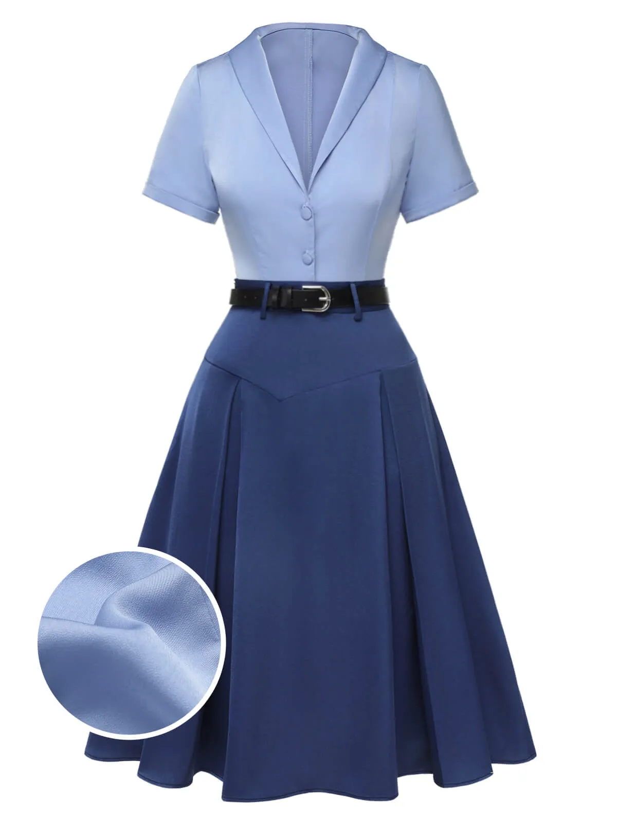 2PCS Dark Blue 1950s Solid Lapel Blouse & Pleated Skirt sold by Retro Stage