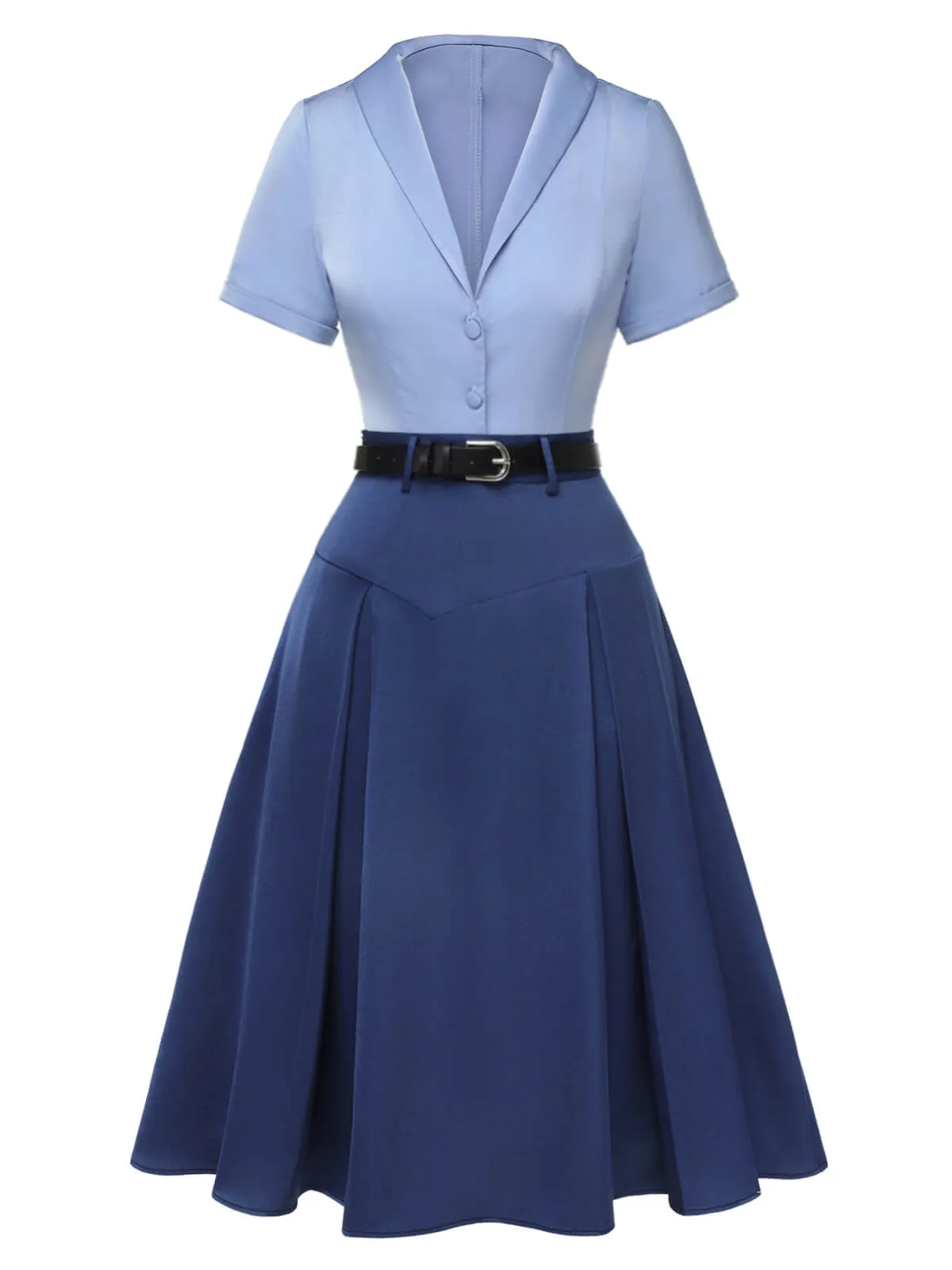 2PCS Dark Blue 1950s Solid Lapel Blouse & Pleated Skirt sold by Retro Stage product image thumbnail 2