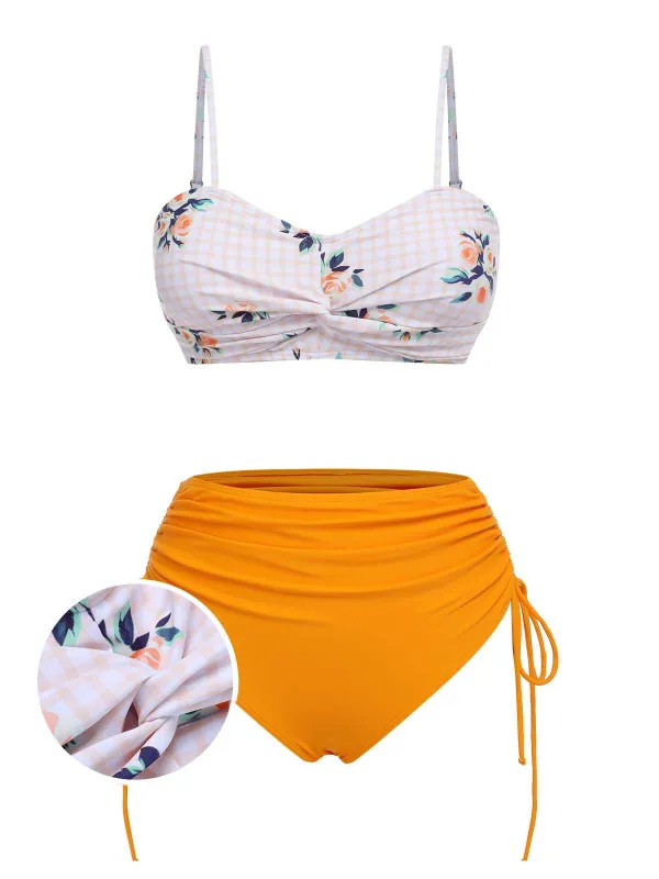 Turmeric 1940s Spaghetti Strap Roses Swimsuit sold by Retro Stage