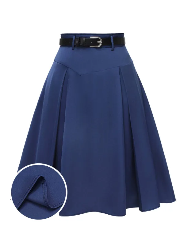Dark Blue 1950s Solid High-Waist Pleated Skirt sold by Retro Stage
