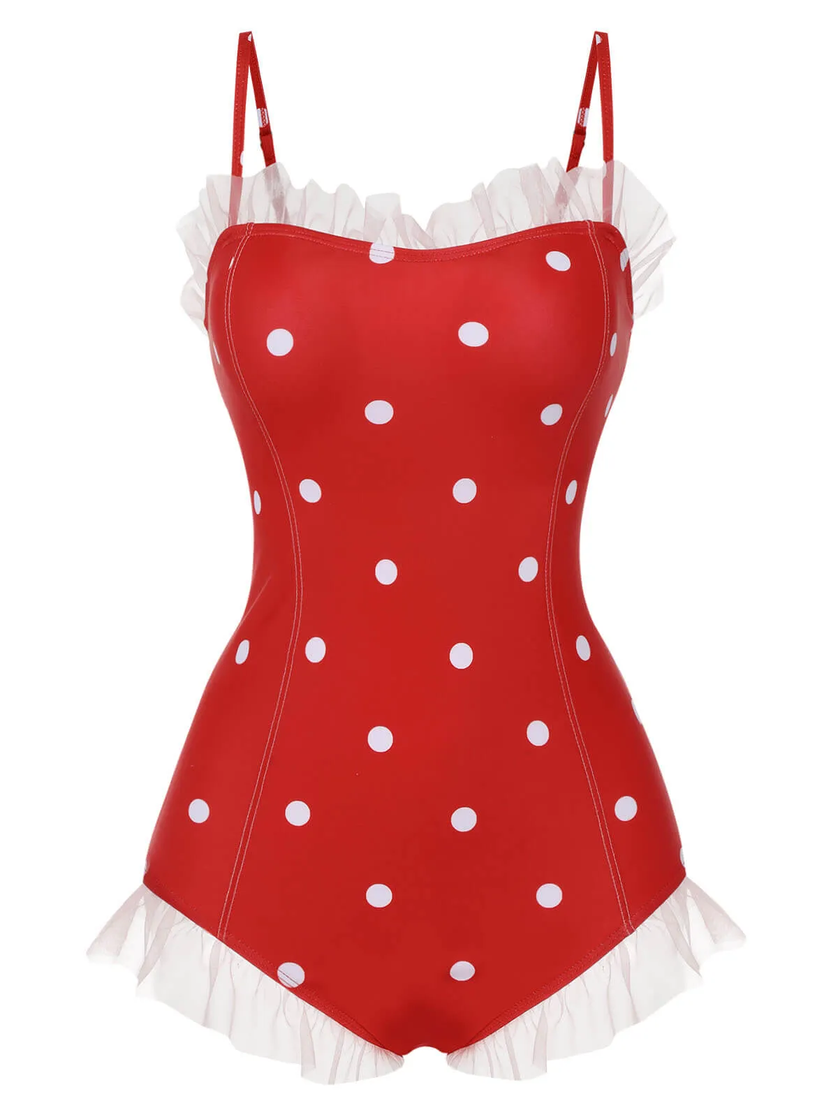 Red 1950s Mesh Polka Dot Swimsuit sold by Retro Stage product image thumbnail 2