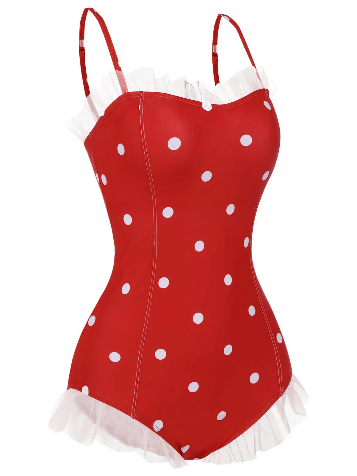Red 1950s Mesh Polka Dot Swimsuit sold by Retro Stage product image thumbnail 3