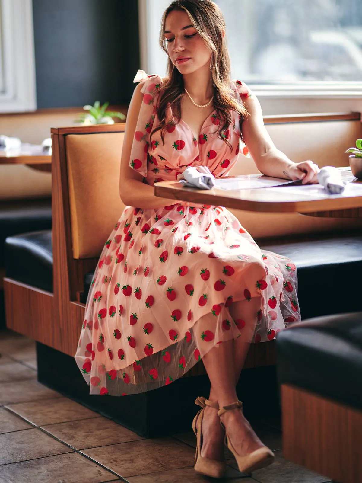 Pink 1950s Strawberry Mesh Swing Dress sold by Retro Stage