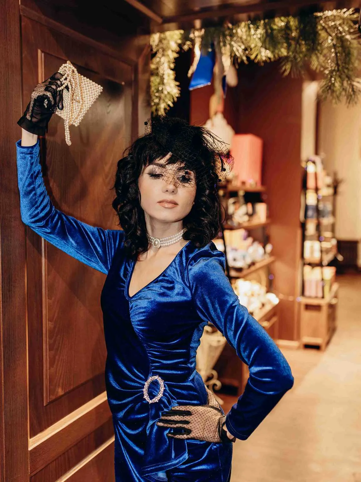 Dark Blue 1960s V-Neck Pleated Velvet Dress sold by Retro Stage