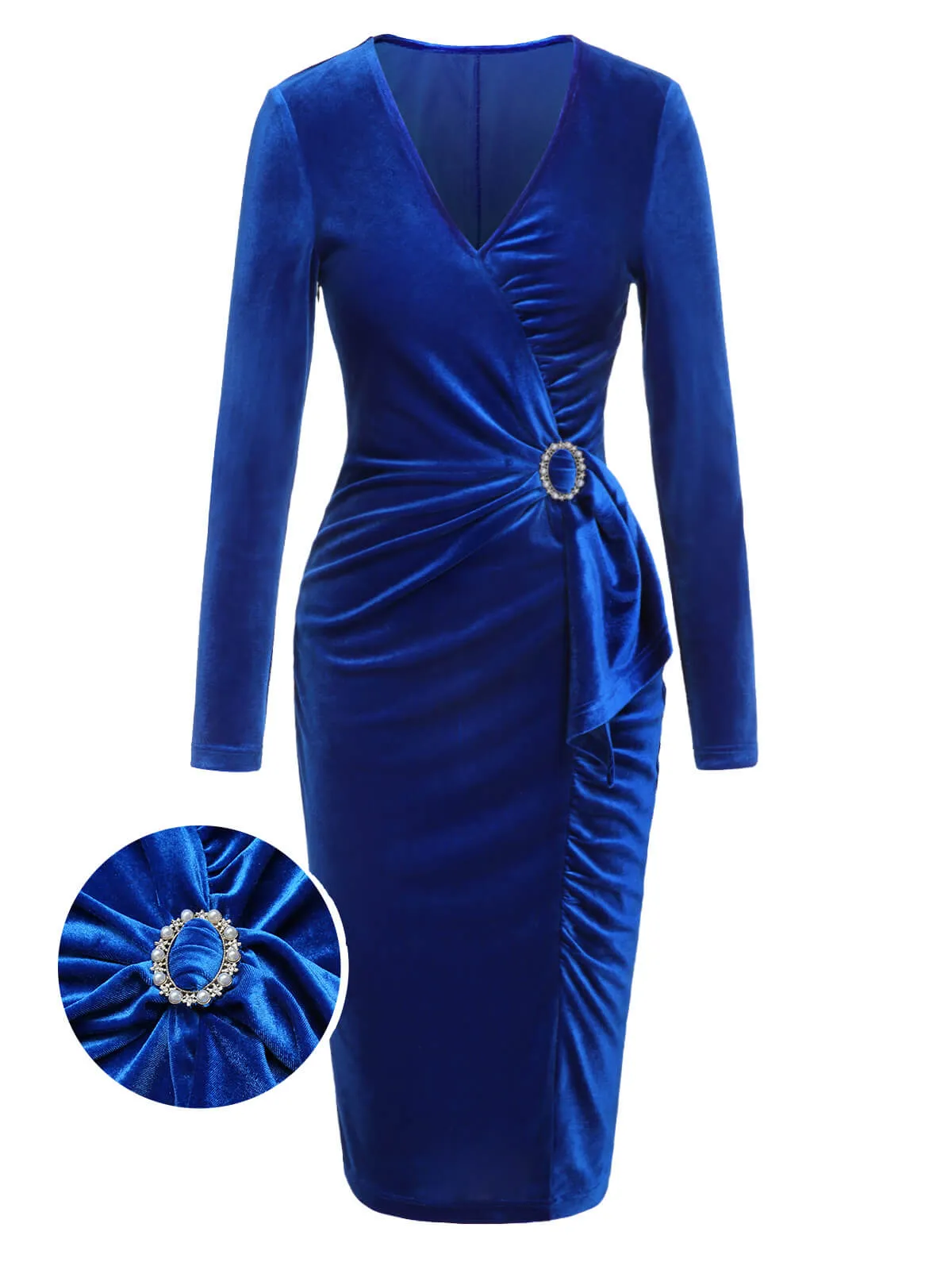 Dark Blue 1960s V-Neck Pleated Velvet Dress sold by Retro Stage product image thumbnail 3