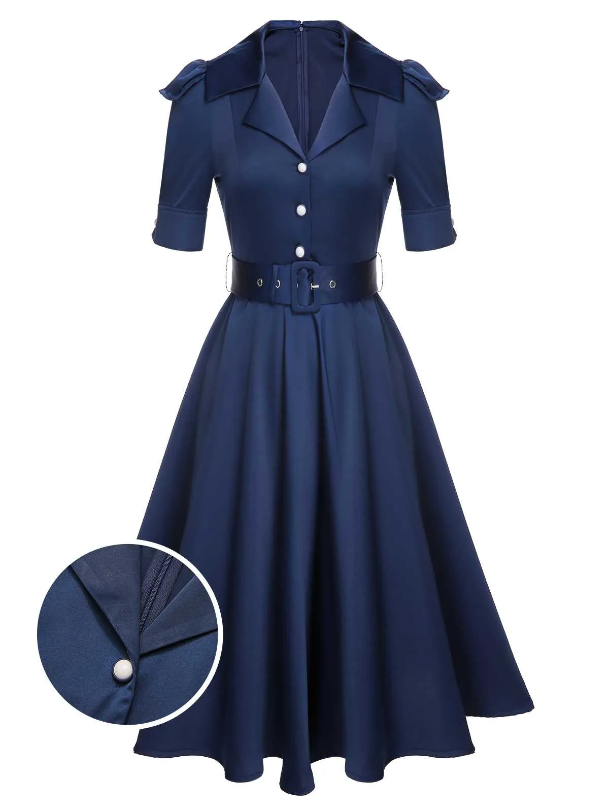Blue 1940s Solid Short Sleeves Lapel Dress sold by Retro Stage product image thumbnail 2