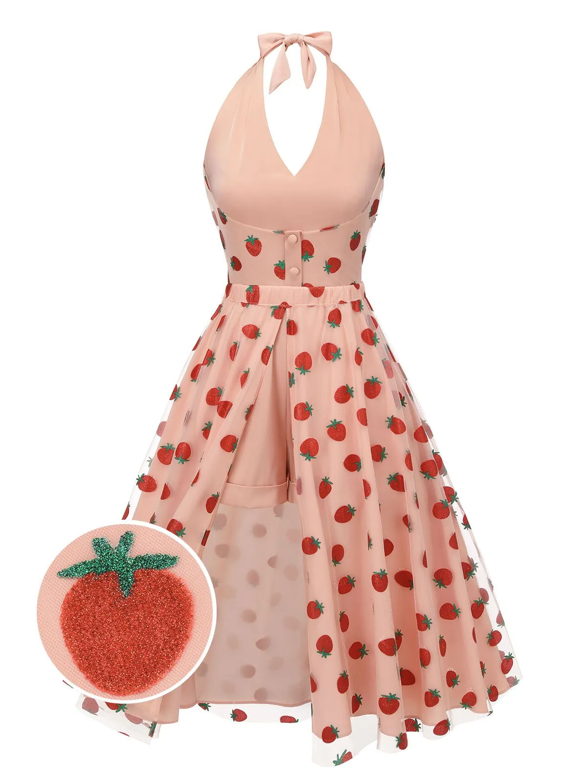 2PCS Pink 1950s Halter Strawberry Romper & Umbrella Skirt sold by Retro Stage product image thumbnail 4