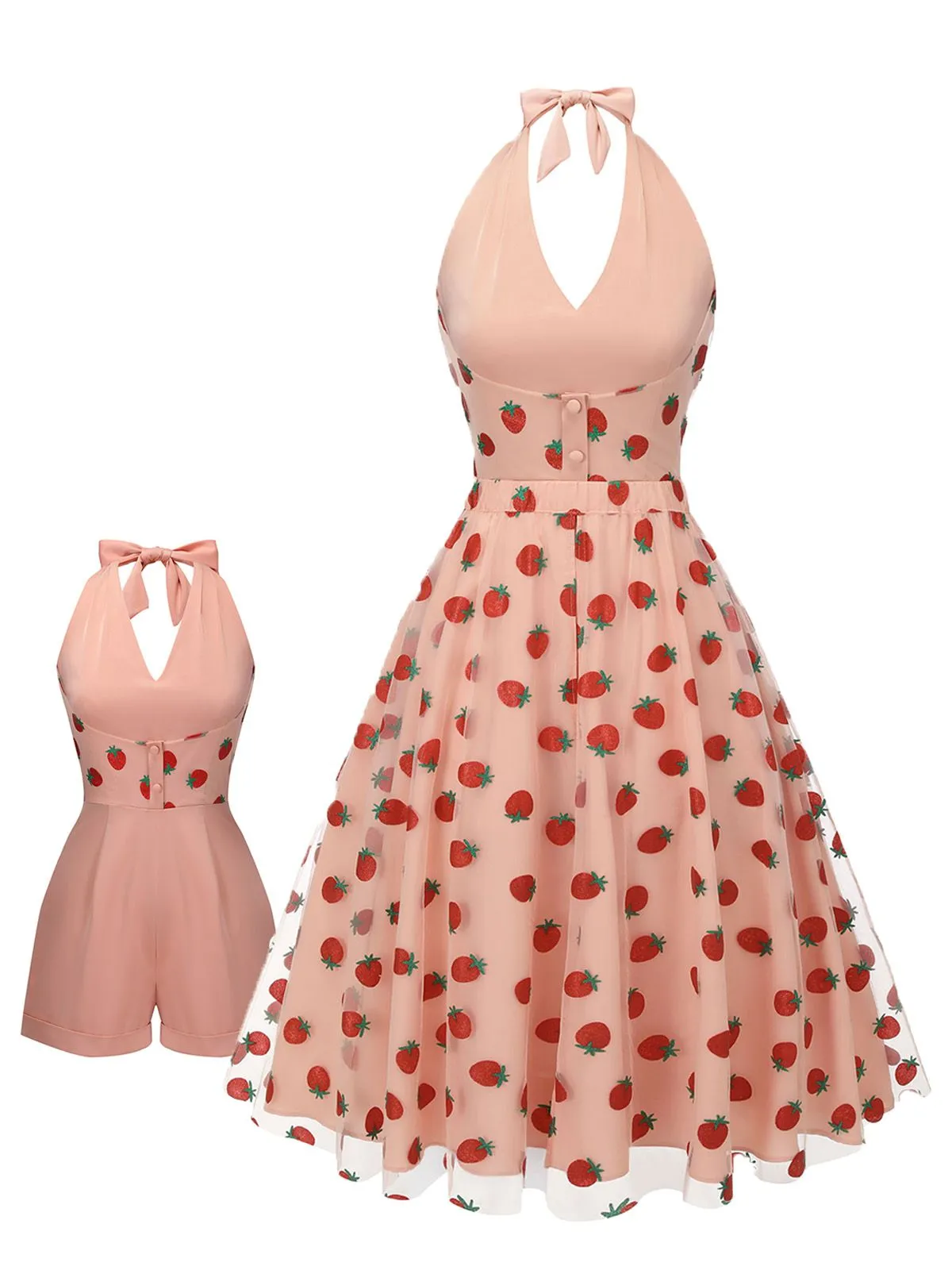 2PCS Pink 1950s Halter Strawberry Romper & Umbrella Skirt sold by Retro Stage product image thumbnail 2