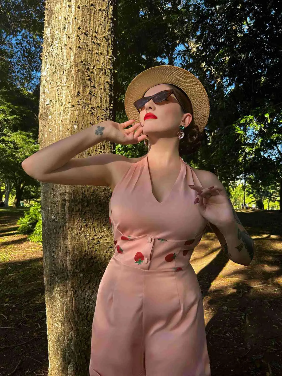 2PCS Pink 1950s Halter Strawberry Romper & Umbrella Skirt sold by Retro Stage