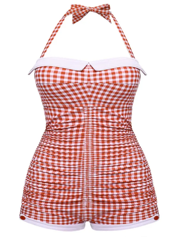 [Plus Size] Gingham 1950s Halter Bowknot One-piece Swimsuit sold by Retro Stage