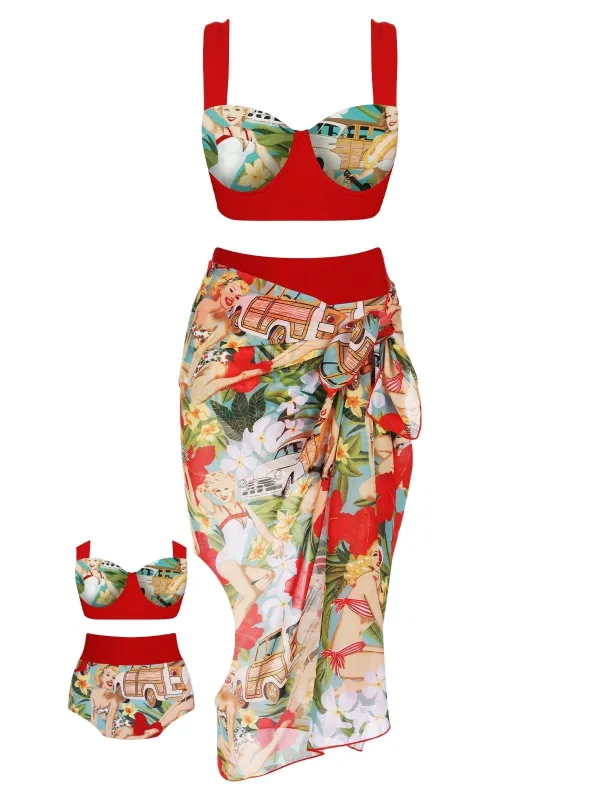 3PCS 1960s Red Retro Lady Bikini Set sold by Retro Stage
