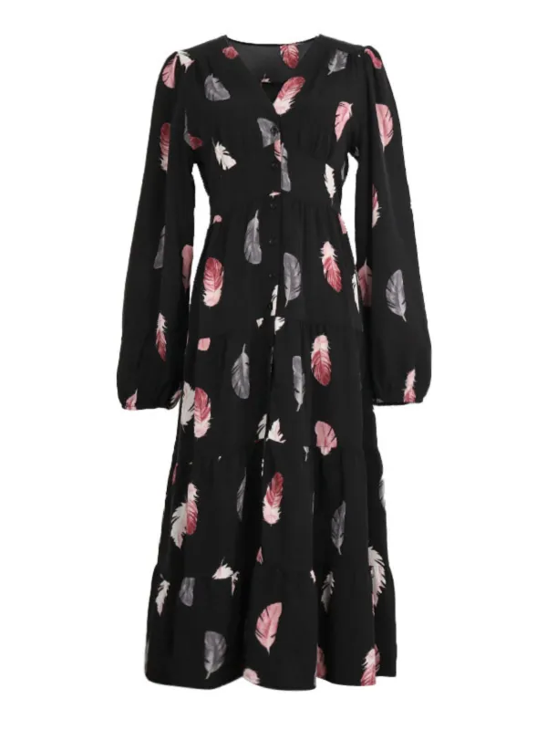 Black 1930s Feather V-Neck Buttoned Dress sold by Retro Stage