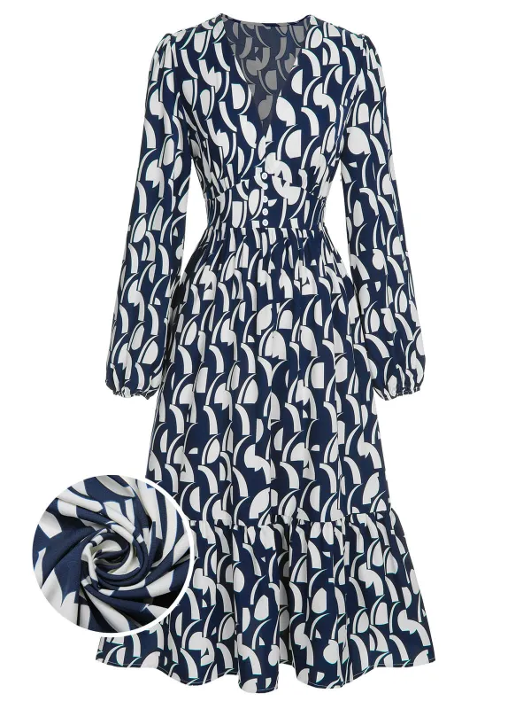 Navy Blue 1930s Geometric Printed V-Neck Dress sold by Retro Stage