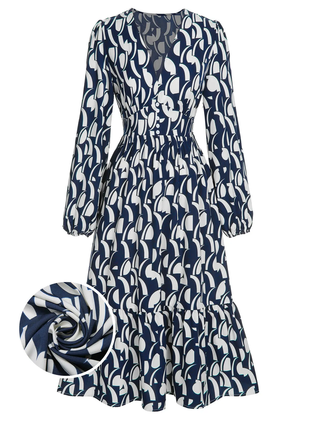 Navy Blue 1930s Geometric Printed V-Neck Dress sold by Retro Stage