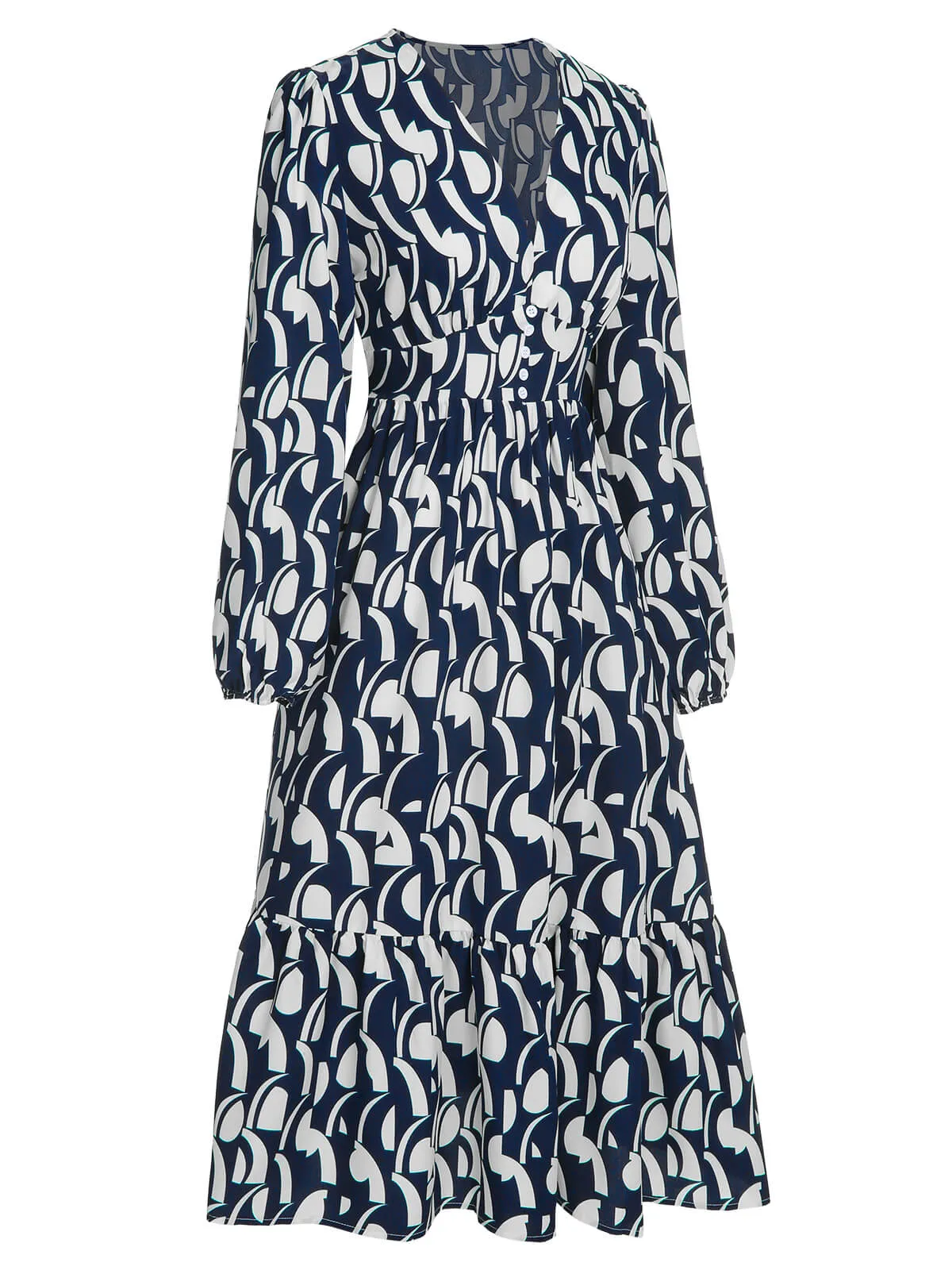 Navy Blue 1930s Geometric Printed V-Neck Dress sold by Retro Stage product image thumbnail 3