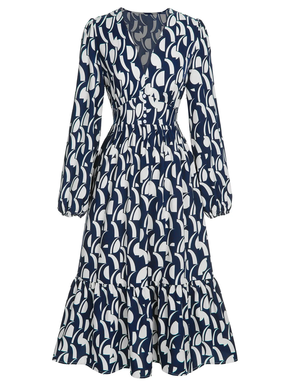 Navy Blue 1930s Geometric Printed V-Neck Dress sold by Retro Stage product image thumbnail 2