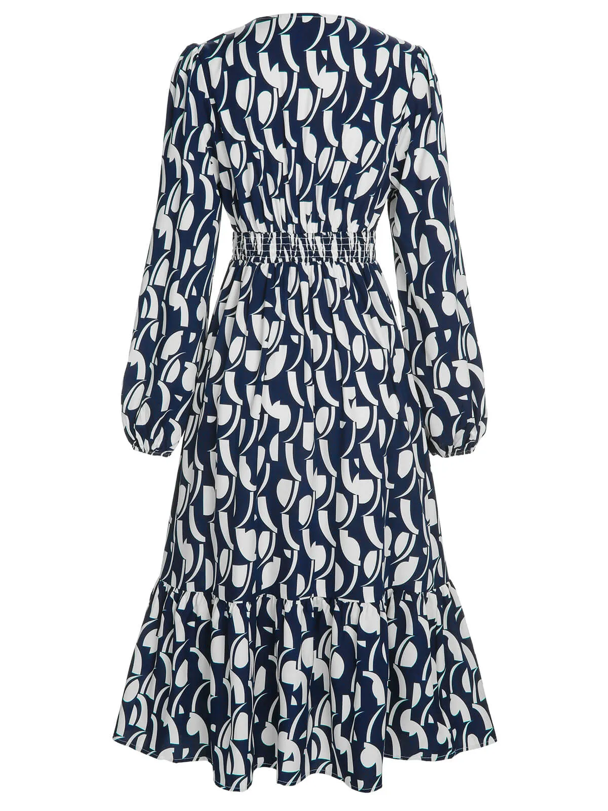 Navy Blue 1930s Geometric Printed V-Neck Dress sold by Retro Stage product image thumbnail 4