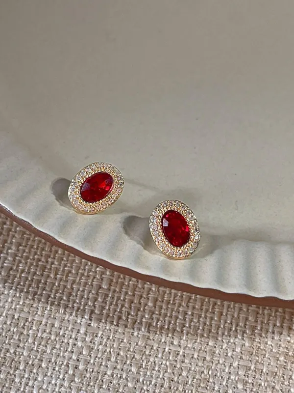 Red Vintage Oval Crystal Diamond Earrings sold by Retro Stage
