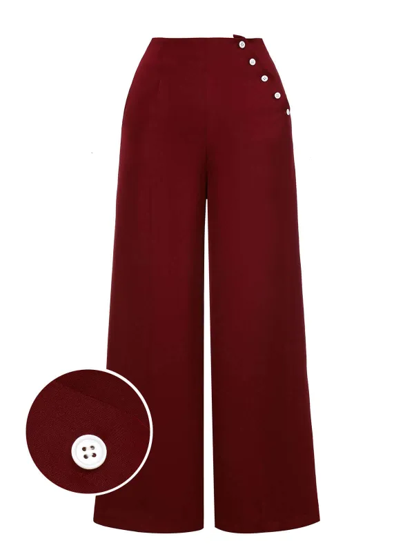 Red 1950s Burgundy Button Wide leg Pants sold by Retro Stage