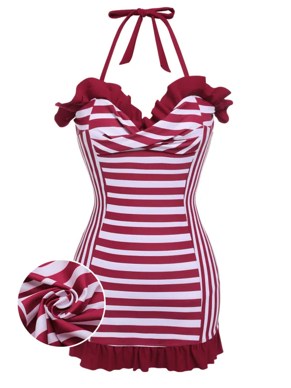 Wine Red 1950s Stripe Heart Collar Swimsuit sold by Retro Stage