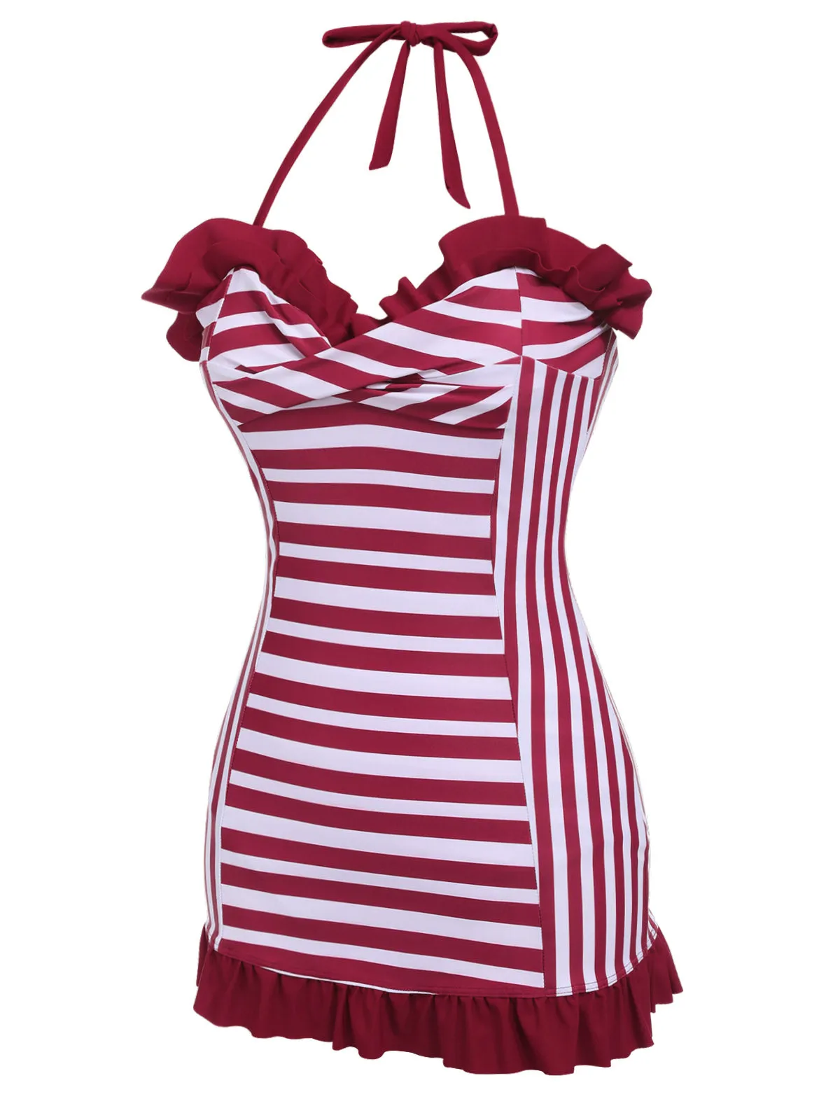 Wine Red 1950s Stripe Heart Collar Swimsuit sold by Retro Stage product image thumbnail 3