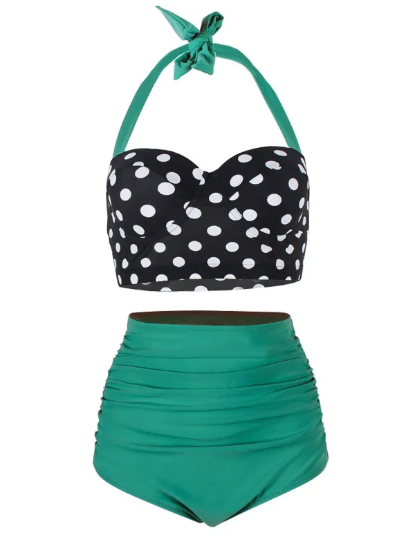 1950s Polka Dot Halter Pleated Bikini sold by Retro Stage