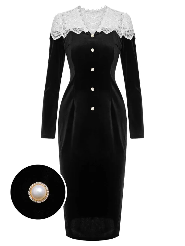 Black & White 1960s Lapel Patchwork Velvet Dress sold by Retro Stage