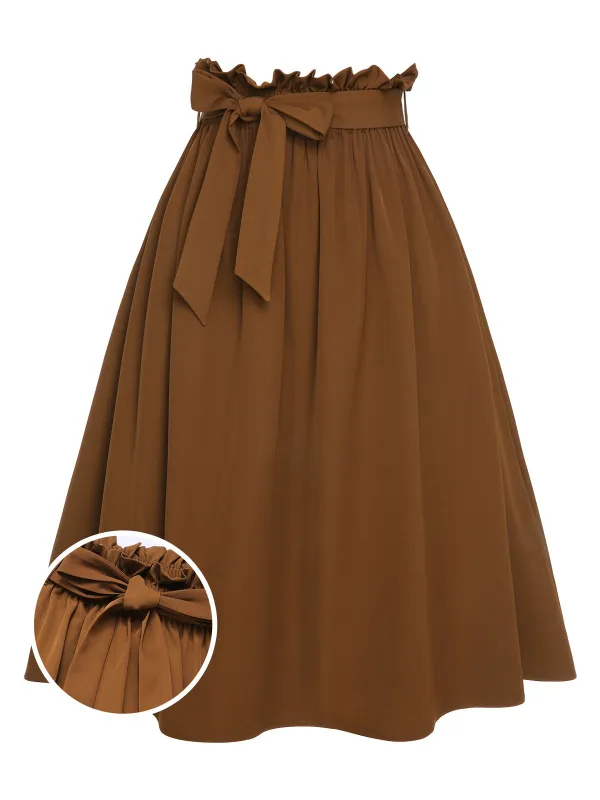 Brown 1950s Solid Elastic Waist Belt Skirt sold by Retro Stage