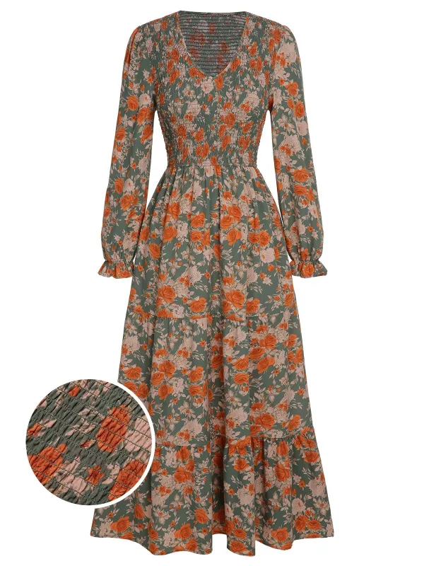 1940s V-Neck Floral Long-Sleeved Dress sold by Retro Stage
