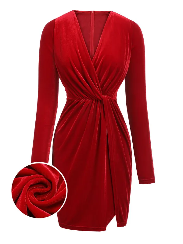 Red 1960s V-Neck Velvet Pleated Wrap Dress sold by Retro Stage