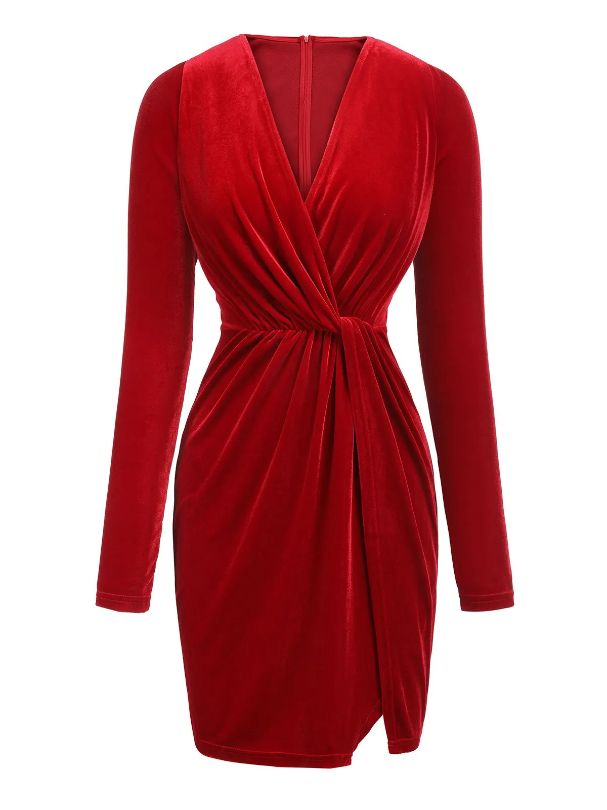 Red 1960s V-Neck Velvet Pleated Wrap Dress sold by Retro Stage product image thumbnail 2