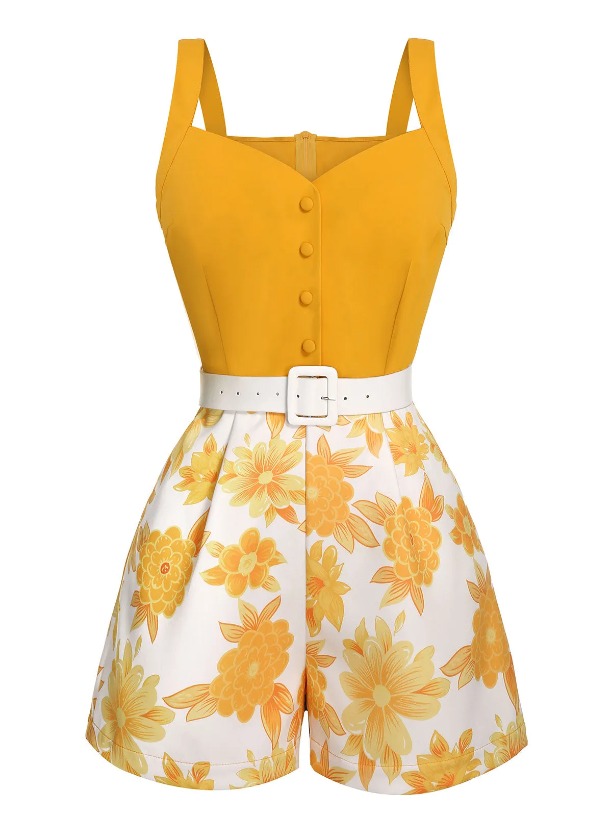 Yellow 1950s Spaghetti Strap Floral Romper sold by Retro Stage product image thumbnail 2