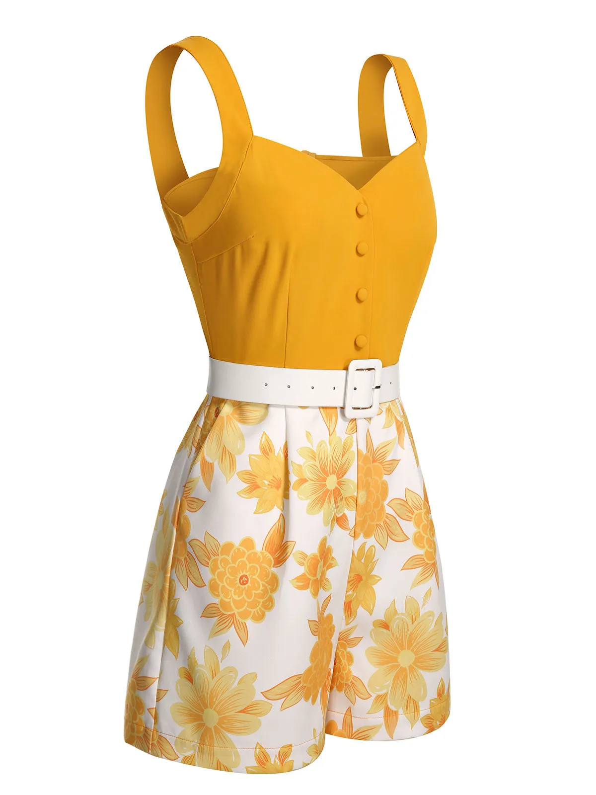 Yellow 1950s Spaghetti Strap Floral Romper sold by Retro Stage product image thumbnail 3