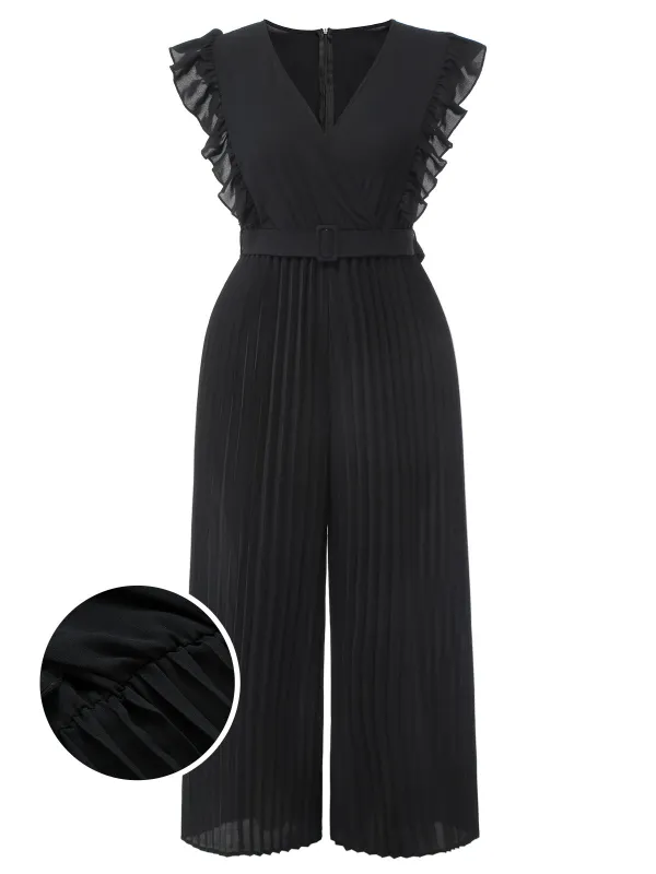 [Plus Size] Black 1930s Ruffle V-Neck Pleated Jumpsuit sold by Retro Stage