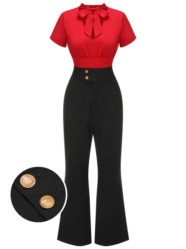 2PCS 1940s Red Tie-Up Blouse & Black Pants sold by Retro Stage
